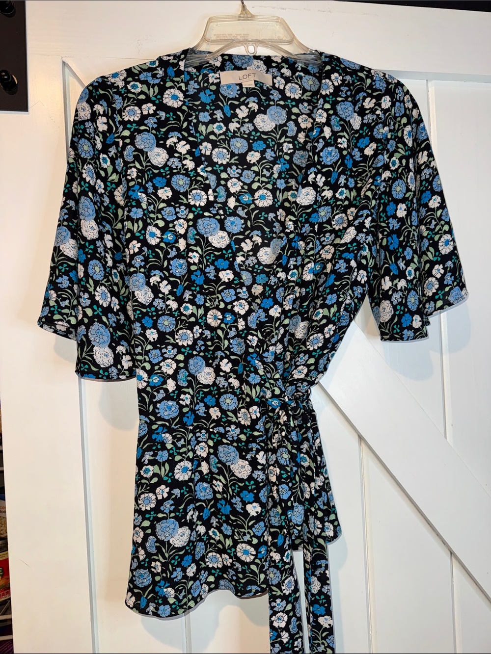LOFT Black Floral Wrap Top with Blue, White & Green Print